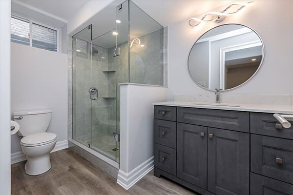 Diverse California buyers appreciating different bathroom features from tech to sustainability to luxury