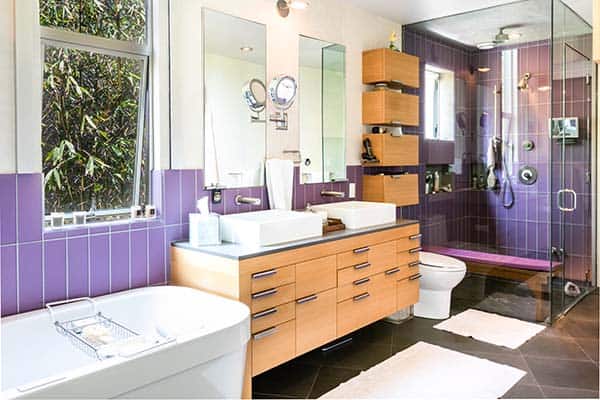Sustainable bathroom design with water-saving fixtures, reclaimed materials, and eco-friendly features