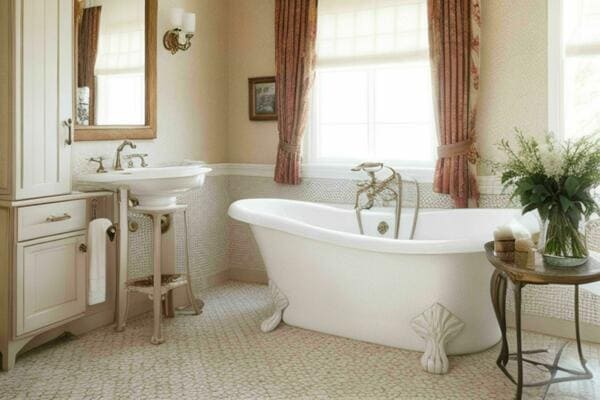 Sustainable bathroom design with water-saving fixtures, reclaimed materials, and eco-friendly features