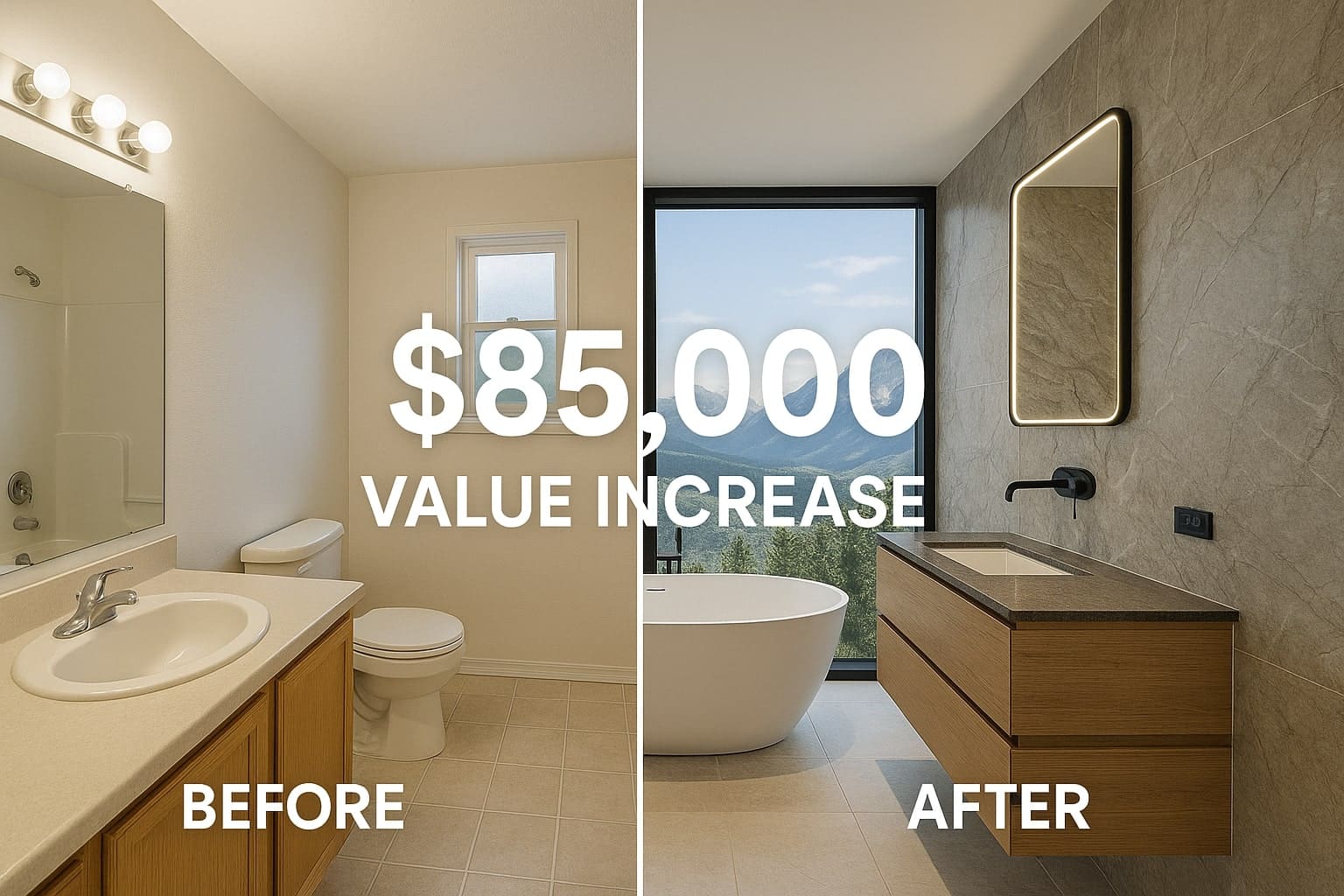 Before and after bathroom renovation showing dramatic value increase with smart fixtures and luxury materials